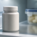 Frasco blanco cerrado y sin etiqueta visible colocado en el interior de un refrigerador, junto a un recipiente transparente con alimentos al fondo.