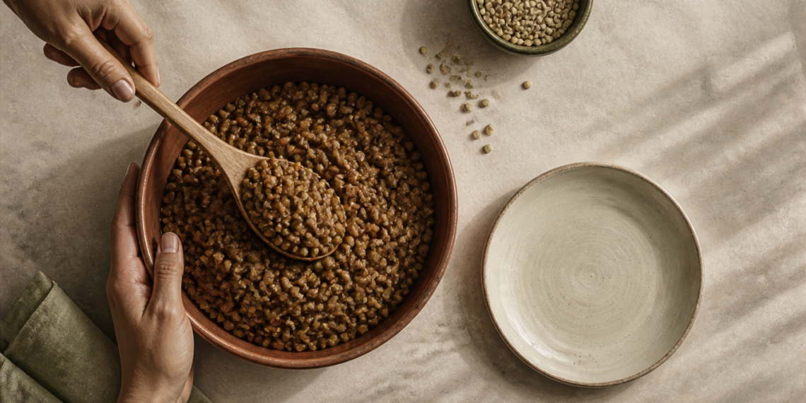 Manos sirven una preparación de granos cocidos desde un cuenco de madera, junto a un plato vacío y un recipiente con granos secos.