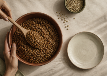 Manos sirven una preparación de granos cocidos desde un cuenco de madera, junto a un plato vacío y un recipiente con granos secos.