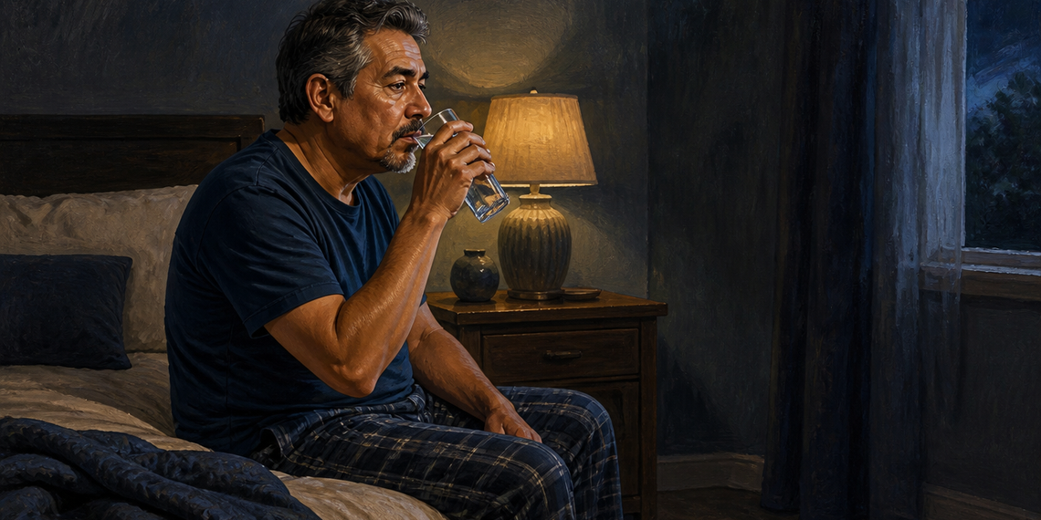 Hombre adulto sentado en la cama de noche, bebiendo un vaso de agua junto a una lámpara encendida en la mesita de noche.