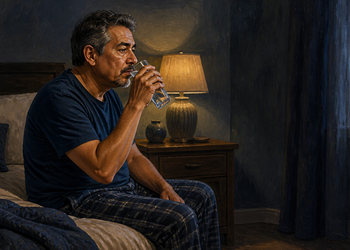 Hombre adulto sentado en la cama de noche, bebiendo un vaso de agua junto a una lámpara encendida en la mesita de noche.