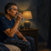 Hombre adulto sentado en la cama de noche, bebiendo un vaso de agua junto a una lámpara encendida en la mesita de noche.