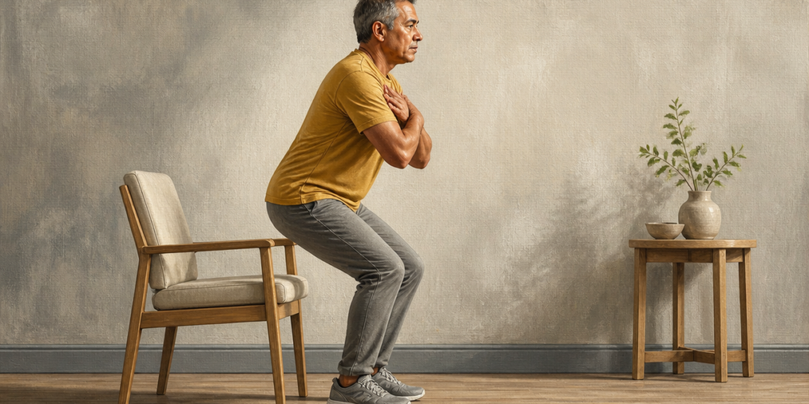 Hombre adulto realizando una sentadilla frente a una silla, con los brazos cruzados sobre el pecho y las rodillas flexionadas durante un ejercicio de fortalecimiento.