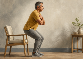 Hombre adulto realizando una sentadilla frente a una silla, con los brazos cruzados sobre el pecho y las rodillas flexionadas durante un ejercicio de fortalecimiento.