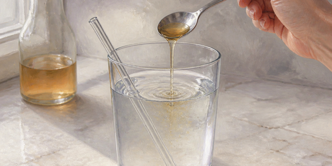 Mano sosteniendo una cuchara con vinagre sobre un vaso grande de agua transparente, junto a una botella con líquido ámbar sobre una superficie de piedra clara.