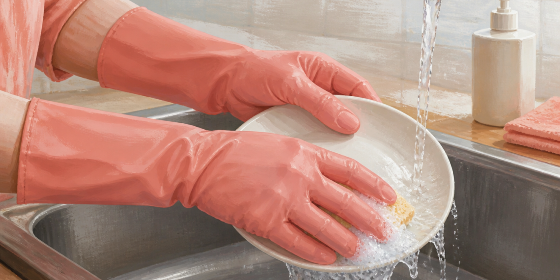 Manos protegidas con guantes de goma lavando un plato con una esponja bajo el grifo, junto a un dispensador y una toalla en la cocina.
