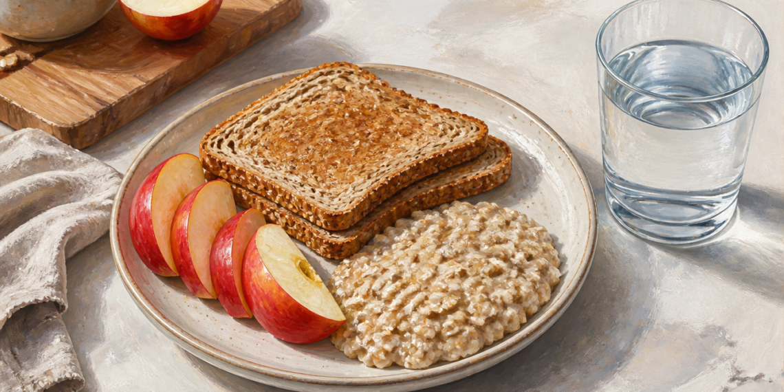 Plato con pan integral tostado, avena cocida y rodajas de manzana, acompañado por un vaso de agua sobre una mesa clara.