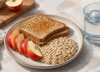 Plato con pan integral tostado, avena cocida y rodajas de manzana, acompañado por un vaso de agua sobre una mesa clara.