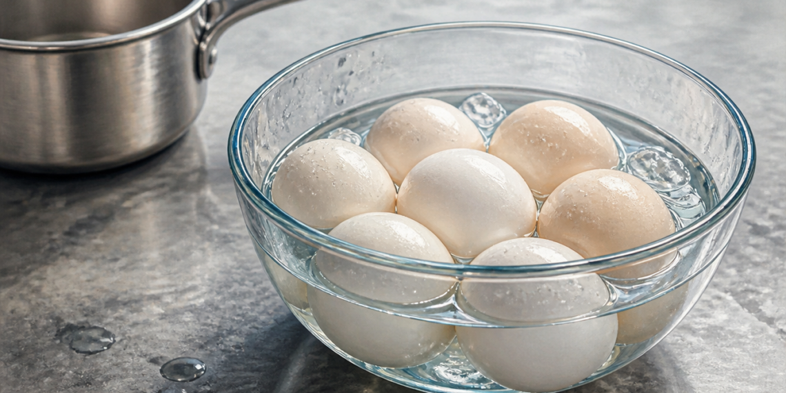 Cuenco de vidrio con varios huevos cocidos enfriándose en agua con cubitos de hielo, junto a un cazo metálico sobre una encimera de cocina.