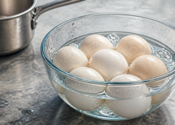 Cuenco de vidrio con varios huevos cocidos enfriándose en agua con cubitos de hielo, junto a un cazo metálico sobre una encimera de cocina.