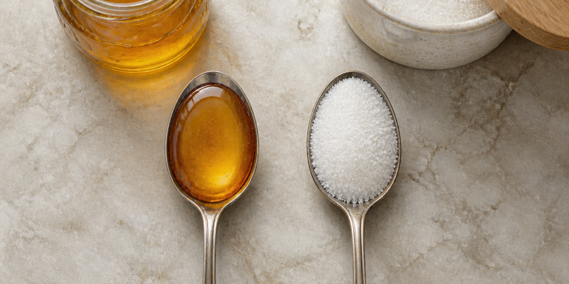 Dos cucharas metálicas sobre una superficie clara, una con miel de color ámbar y otra con azúcar blanco, junto a recipientes con ambos ingredientes.