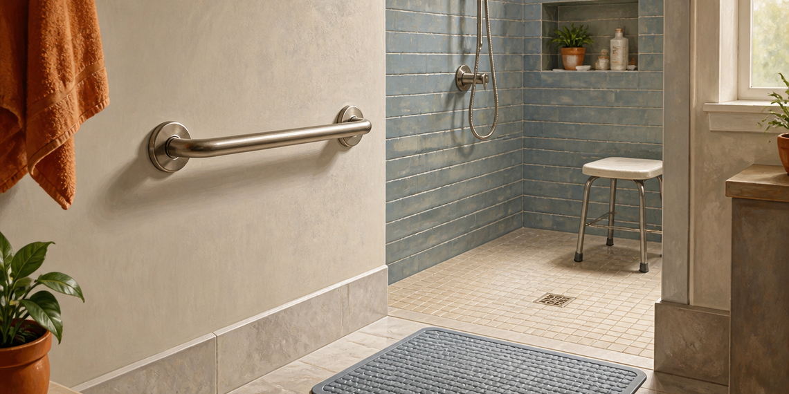 Baño adaptado con barra de apoyo en la pared, ducha a ras de suelo, taburete de baño y alfombra antideslizante para prevenir caídas en casa.