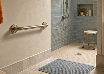 Baño adaptado con barra de apoyo en la pared, ducha a ras de suelo, taburete de baño y alfombra antideslizante para prevenir caídas en casa.