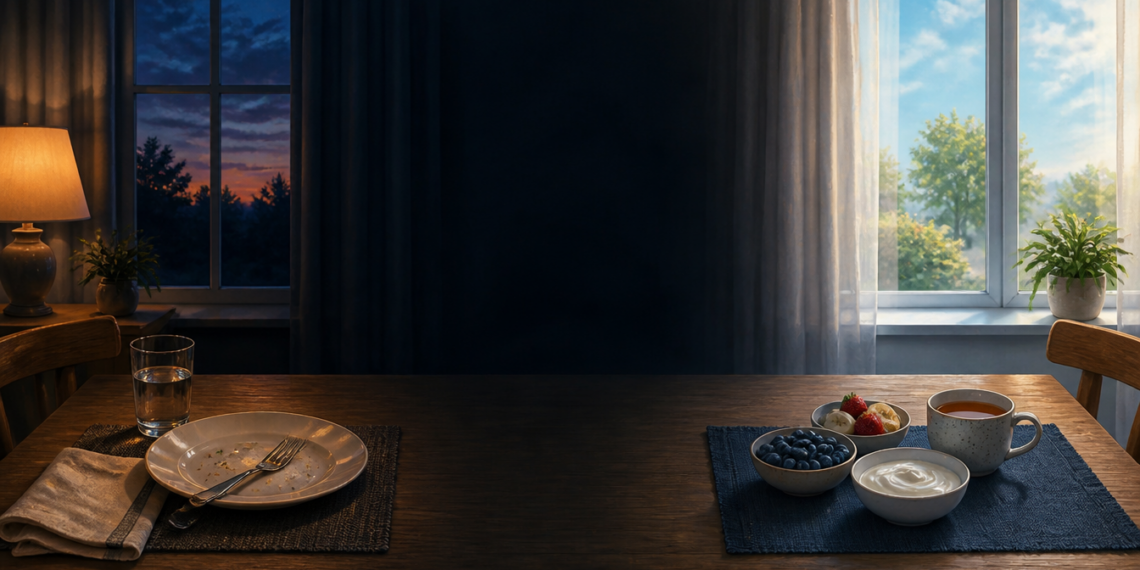Mesa de comedor dividida visualmente entre una escena nocturna con un plato vacío y un vaso de agua, y una escena diurna con yogur, frutos rojos y una taza, en referencia al ayuno nocturno después de los 60.