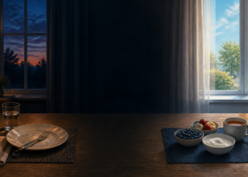 Mesa de comedor dividida visualmente entre una escena nocturna con un plato vacío y un vaso de agua, y una escena diurna con yogur, frutos rojos y una taza, en referencia al ayuno nocturno después de los 60.