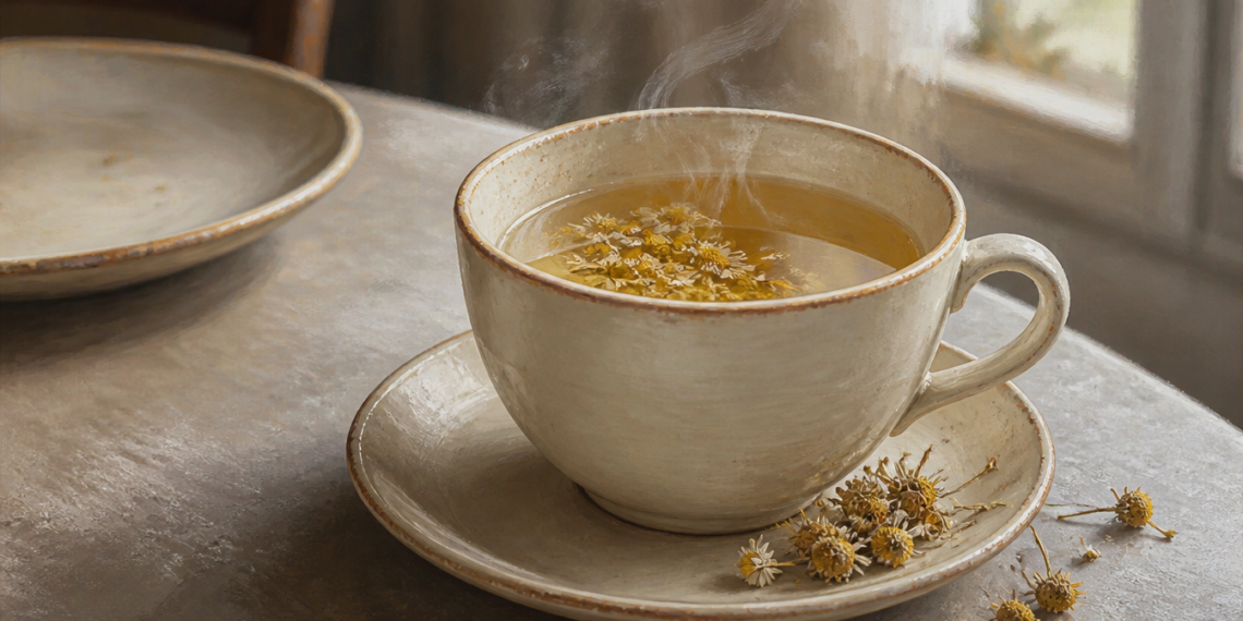 Taza de infusión caliente con pequeñas flores de manzanilla, acompañada de flores secas sobre un plato de cerámica junto a una ventana.