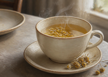 Taza de infusión caliente con pequeñas flores de manzanilla, acompañada de flores secas sobre un plato de cerámica junto a una ventana.