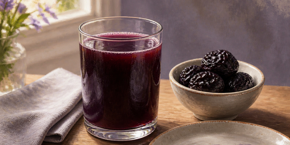 Vaso de bebida de color morado oscuro junto a un cuenco con ciruelas pasas sobre una mesa de madera, una opción asociada al tránsito intestinal y al consumo en ayunas.