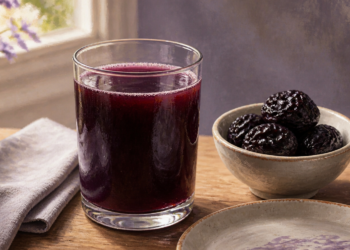 Vaso de bebida de color morado oscuro junto a un cuenco con ciruelas pasas sobre una mesa de madera, una opción asociada al tránsito intestinal y al consumo en ayunas.