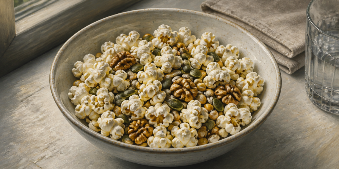 Bol de cerámica con palomitas de maíz, nueces, semillas de calabaza y otros granos, acompañado de un vaso de agua sobre una superficie clara junto a una ventana.