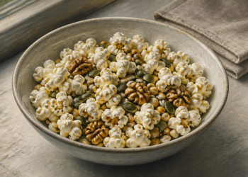 Bol de cerámica con palomitas de maíz, nueces, semillas de calabaza y otros granos, acompañado de un vaso de agua sobre una superficie clara junto a una ventana.