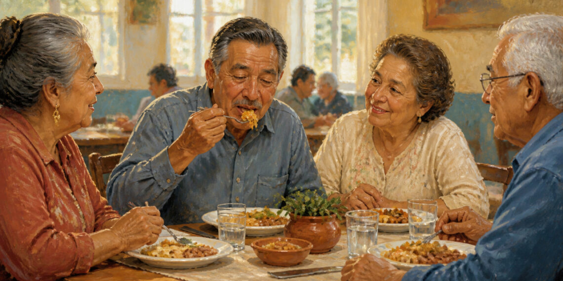 Grupo de cuatro adultos mayores sentados alrededor de una mesa mientras comen y conversan juntos, con platos de comida y vasos de agua frente a ellos.