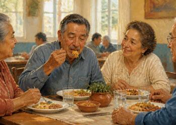 Grupo de cuatro adultos mayores sentados alrededor de una mesa mientras comen y conversan juntos, con platos de comida y vasos de agua frente a ellos.
