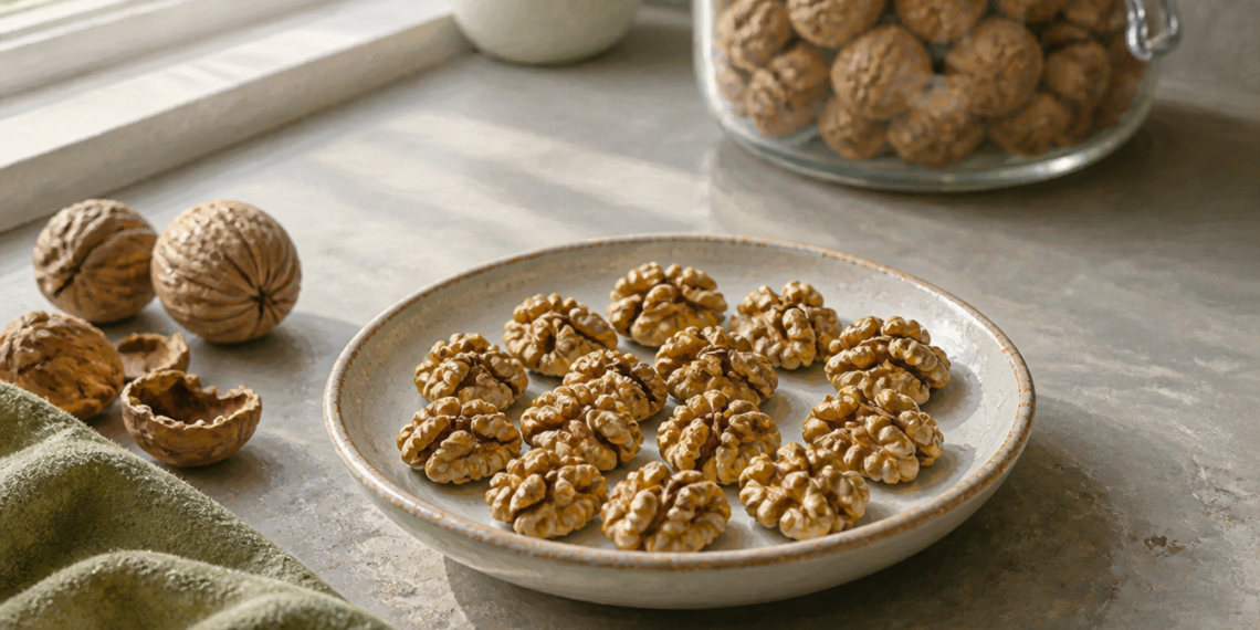 Plato con nueces peladas sobre una encimera, junto a nueces enteras y cáscaras abiertas, con un frasco de nueces al fondo.