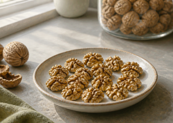 Plato con nueces peladas sobre una encimera, junto a nueces enteras y cáscaras abiertas, con un frasco de nueces al fondo.