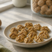 Plato con nueces peladas sobre una encimera, junto a nueces enteras y cáscaras abiertas, con un frasco de nueces al fondo.
