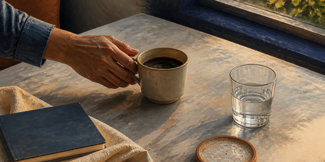 Mano de una persona sosteniendo una taza de café junto a un vaso de agua y un cuaderno sobre una mesa iluminada por el sol.