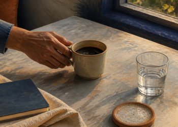 Mano de una persona sosteniendo una taza de café junto a un vaso de agua y un cuaderno sobre una mesa iluminada por el sol.