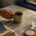 Mano de una persona sosteniendo una taza de café junto a un vaso de agua y un cuaderno sobre una mesa iluminada por el sol.