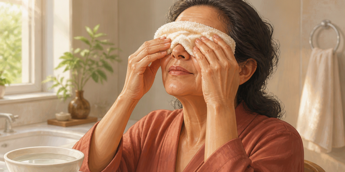 Mujer mayor sentada junto a una ventana por la mañana mientras se toca suavemente un ojo con expresión de molestia, en una escena relacionada con la sensación de sequedad ocular al despertar.