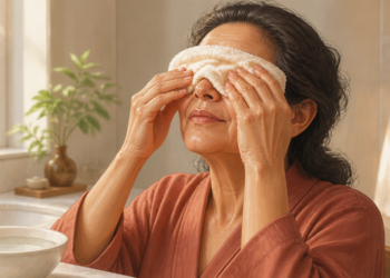 Mujer mayor sentada junto a una ventana por la mañana mientras se toca suavemente un ojo con expresión de molestia, en una escena relacionada con la sensación de sequedad ocular al despertar.