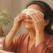 Mujer mayor sentada junto a una ventana por la mañana mientras se toca suavemente un ojo con expresión de molestia, en una escena relacionada con la sensación de sequedad ocular al despertar.