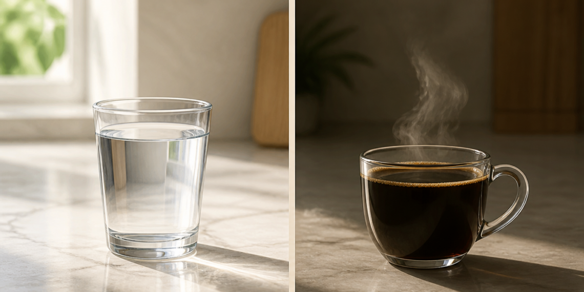 Vaso de agua junto a una taza de café caliente en una composición dividida, en una escena relacionada con qué bebidas se pueden tomar antes de un análisis de sangre en ayunas.