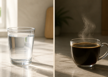 Vaso de agua junto a una taza de café caliente en una composición dividida, en una escena relacionada con qué bebidas se pueden tomar antes de un análisis de sangre en ayunas.
