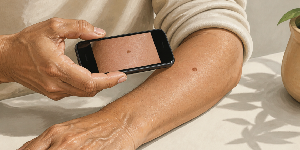 Persona adulta fotografiando con un teléfono móvil una mancha marrón visible en el antebrazo, mientras en la pantalla aparece una ampliación de la lesión cutánea.
