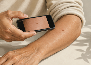 Persona adulta fotografiando con un teléfono móvil una mancha marrón visible en el antebrazo, mientras en la pantalla aparece una ampliación de la lesión cutánea.
