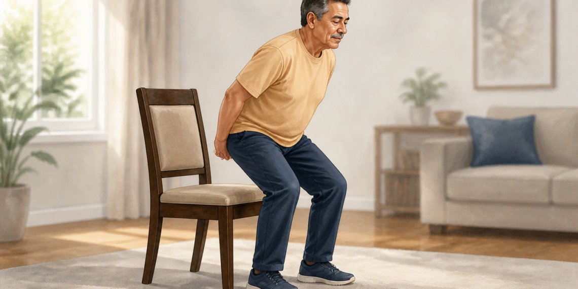 Hombre mayor realizando un ejercicio de sentarse y levantarse de una silla en casa, una actividad de fortalecimiento relacionada con el cuidado de las articulaciones después de los 60.