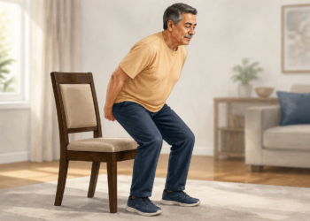 Hombre mayor realizando un ejercicio de sentarse y levantarse de una silla en casa, una actividad de fortalecimiento relacionada con el cuidado de las articulaciones después de los 60.