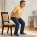 Hombre mayor realizando un ejercicio de sentarse y levantarse de una silla en casa, una actividad de fortalecimiento relacionada con el cuidado de las articulaciones después de los 60.