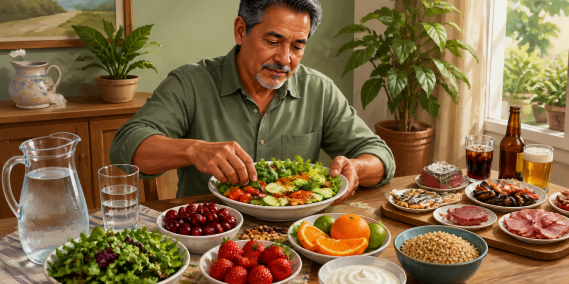 Hombre adulto frente a una mesa con ensaladas, frutas, cereales integrales, yogur y agua, junto a carnes, mariscos, cerveza, refresco y pastel, alimentos relacionados con el ácido úrico.
