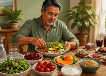 Hombre adulto frente a una mesa con ensaladas, frutas, cereales integrales, yogur y agua, junto a carnes, mariscos, cerveza, refresco y pastel, alimentos relacionados con el ácido úrico.