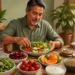 Hombre adulto frente a una mesa con ensaladas, frutas, cereales integrales, yogur y agua, junto a carnes, mariscos, cerveza, refresco y pastel, alimentos relacionados con el ácido úrico.