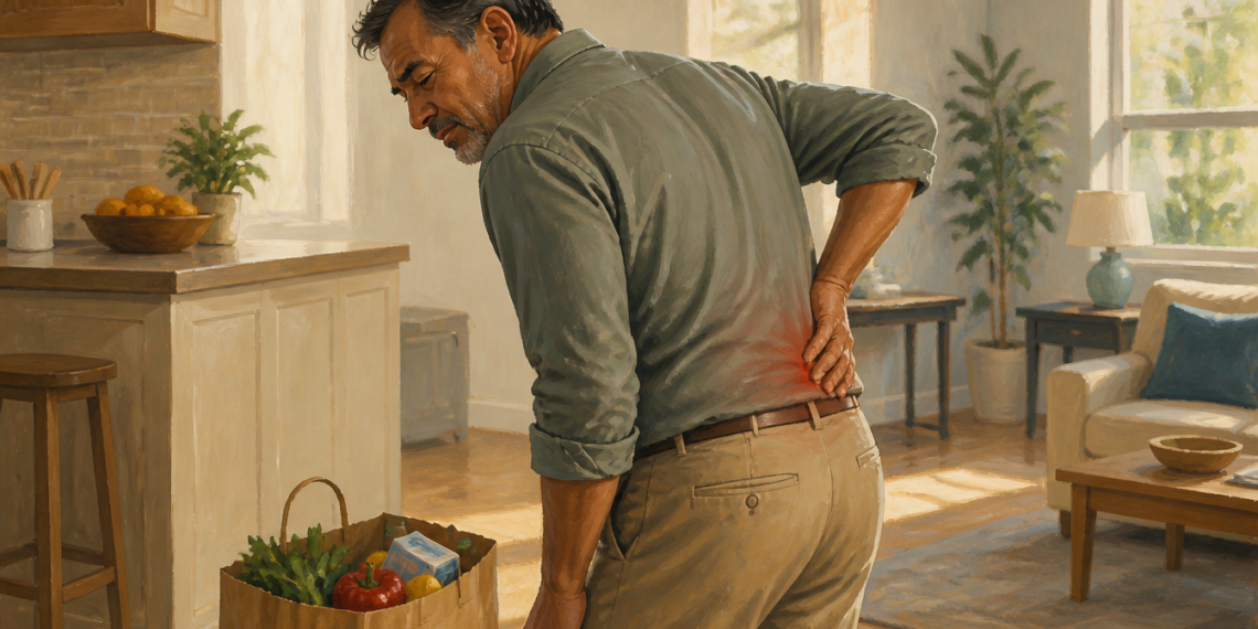 Hombre adulto con gesto de dolor sujetándose la parte baja de la espalda en una cocina luminosa, con una zona rojiza marcada sobre el área lumbar.