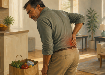 Hombre adulto con gesto de dolor sujetándose la parte baja de la espalda en una cocina luminosa, con una zona rojiza marcada sobre el área lumbar.