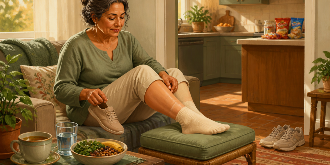 Mujer adulta sentada en casa con una pierna elevada sobre un reposapiés, usando una media de compresión y sosteniendo un zapato, junto a una taza, un vaso de agua y un cuenco de comida.