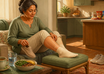Mujer adulta sentada en casa con una pierna elevada sobre un reposapiés, usando una media de compresión y sosteniendo un zapato, junto a una taza, un vaso de agua y un cuenco de comida.